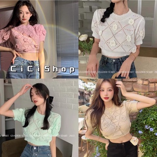 Cicishop(BZ7231)เสื้อครอปไหมพรมแขนสั้น ปักลายดอกไม้ คอกลมสีพาสเทลน่ารักมากกก