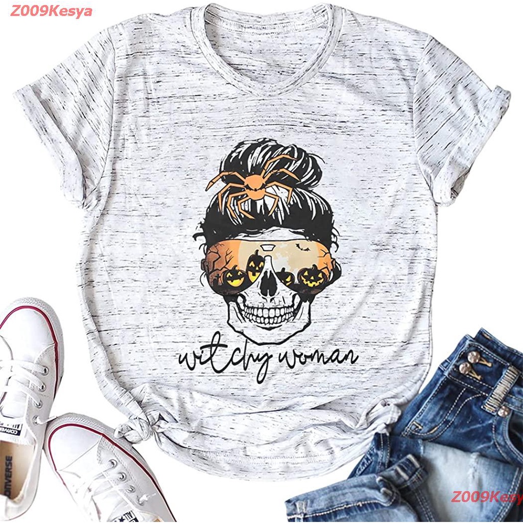 z009kesya-เสื้อยืดผู้หญิงผ้าคอตตอน-witchy-woman-tshirt-women-halloween-funny-witch-shirt-hat-graphic-short-sleeve-tees-t