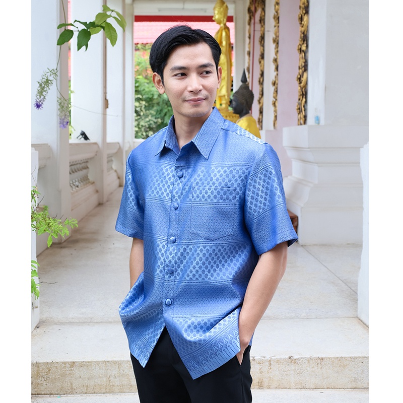 รูปภาพของ GALAXY เสื้อเชิ้ตลายไทย ลายอโยธยาเบอร์ 16 เสื้อเชิ้ตแขนสั้น เสื้อทำบุญ เสื้อไทย เสื้อผ้าไทย เสื้อผ้าไหม เสื้อผู้ชาย