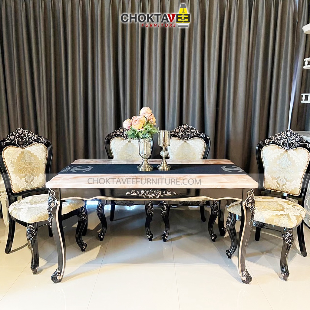 ชุดโต๊ะอาหาร-4ที่นั่ง-130cm-ท็อปหิน-วินเทจ-หลุยส์-สีเข้ม-platinum-classic-series-รุ่น-ttb-lv-130o-ii