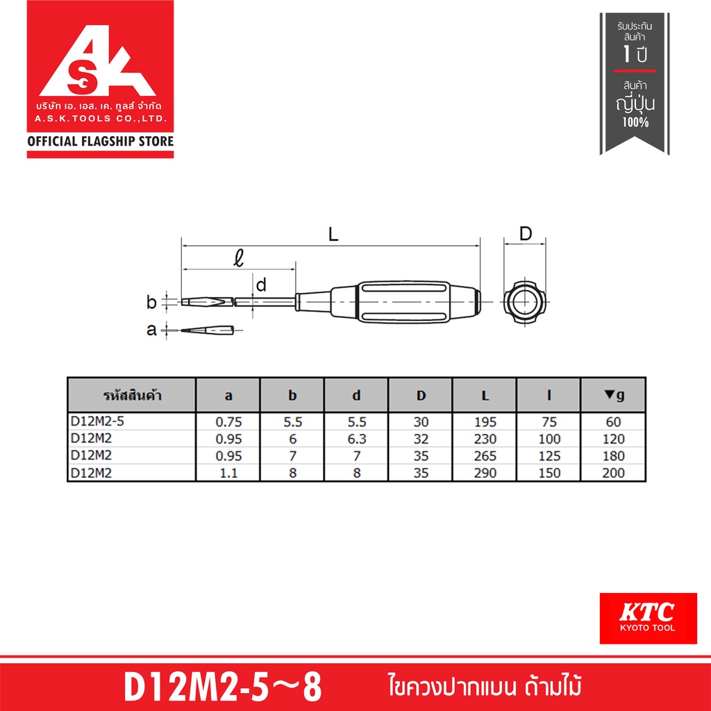 ktc-ไขควงปากแบน-ด้ามไม้-รหัสสินค้า-d12m2-5-8