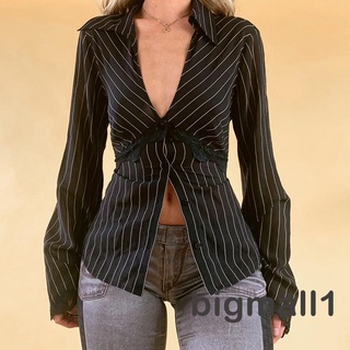 BIGMALL-Women’s Casual Flared Sleeve Shirt Fashion Stripe V-neck Lace Trim Single-breasted Clothes
