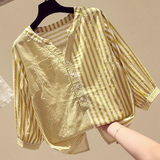 ☈เสื้อเชิ้ตลายทางขนาดใหญ่หญิง 2021 ใหม่เวอร์ชั่นเกาหลีหลวมอเนกประสงค์แขนสามในสี่เสื้อเชิ้ตลดอายุฤดูใบไม้ผลิและฤดูใบไม้ร่