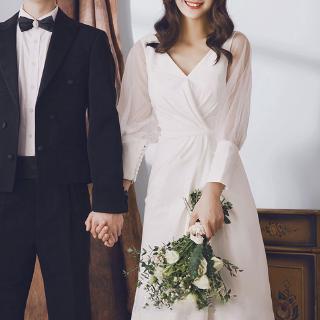 ชุดเจ้าสาว แบบกระโปรงยาว แขนยาว ผ้าซาตินสีขาว เนื้อบาง เรียบง่าย สไตล์ย้อนยุค สำหรับงานแต่งงาน