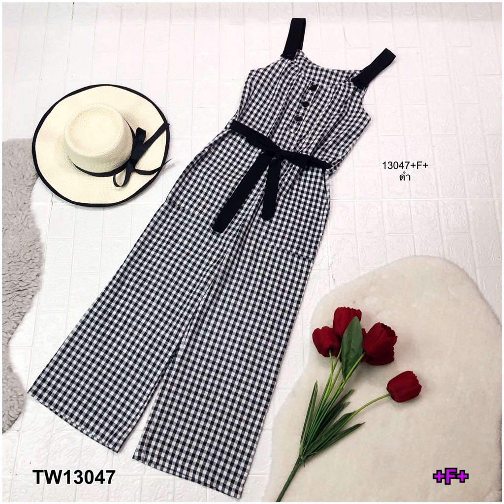 tw13047-jumpsuit-จั้มสูทลายสก็อต-ผ้าทอ-อกติดกระดุม-สายจั้มติดกระดุมปรับได้-2-ระดับ-มีกระเป๋าล้วง-2-ข้าง-สายผูกเอว