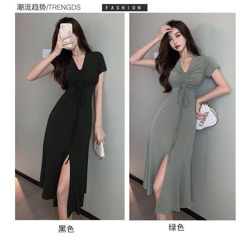 Sexy French knee length dress with waist closed and split dress temperament Vneck drawstring