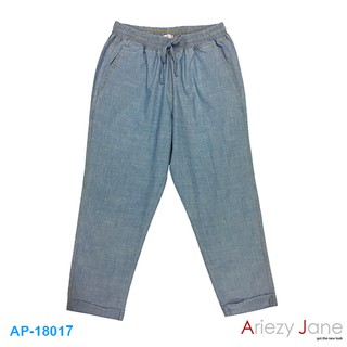 Ariezy Jane AP-18017  กางเกงยีนส์ 7 ส่วน ผ้ายีนส์สลาฟฟอกสีกลางเอวยาวผูกเชือก กระเป๋าข้าง 2ใบ ปลายขาพับเบิ้ล