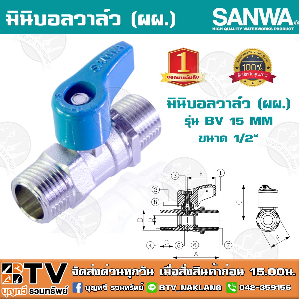 มินิบอลวาล์ว-ผผ-ซันวา-sanwa-ขนาด-1-2-รุ่น-bv-15-mm-ตัวเรือนผลิตจากทองเหลืองคุณภาพสูง-รับประกันคุณภาพ