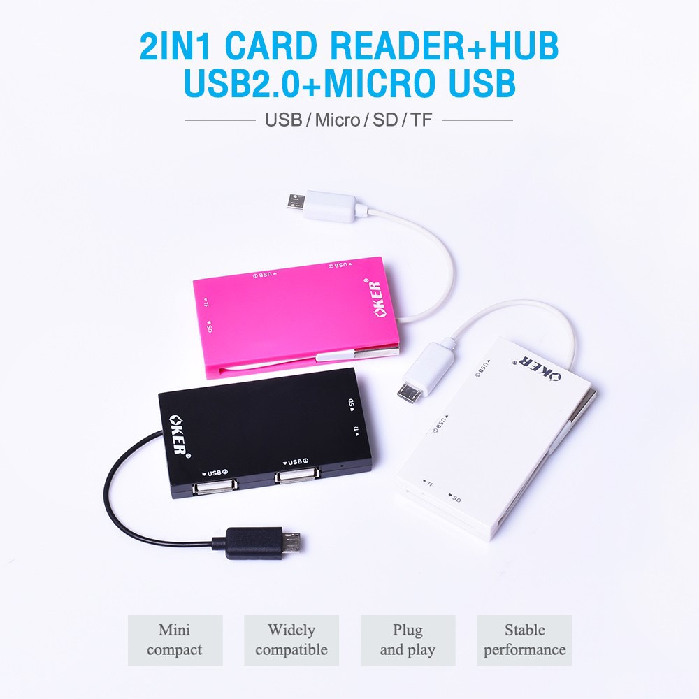 ส่งเร็ว-oker-c-1504m-2in1-card-reader-hub-usb-2-port-หัวเสียบ-micro-usb-และ-usb2-0-ตัวเพิ่มช่อง-ยูเอสบี-ตัวอ่านการ์ด
