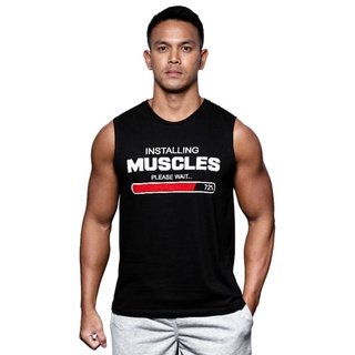 สินค้า เสื้อยืดแขนกุด เสื้อกล้ามแขนกุดผู้ชาย สีพื้น สีดำ Installing Muscle Muscle