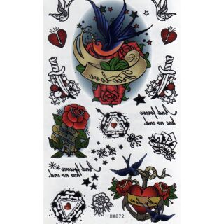 Tattoo Fashion แท็ททู สติกเกอร์ ลาย นก Bird หัวใจ Heart กุหลาบแดง Rose HM872
