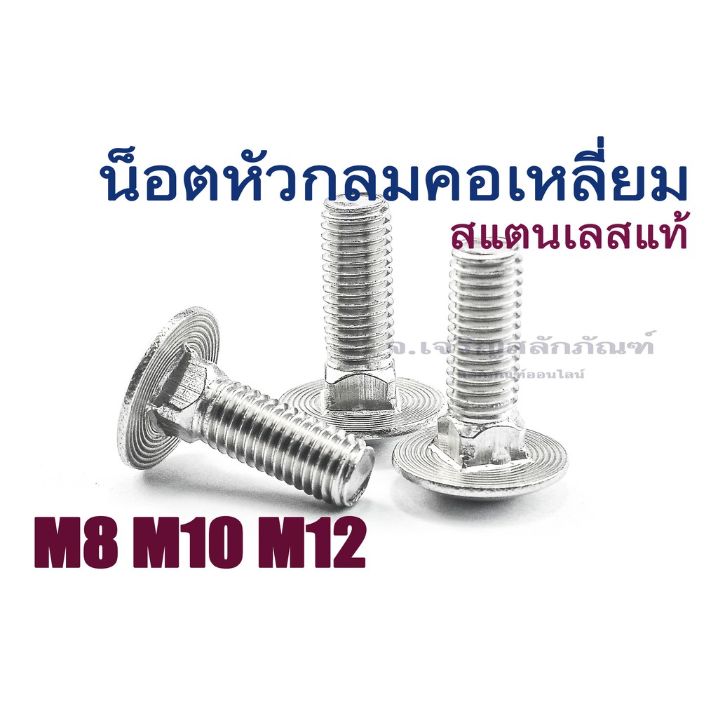 ราคาและรีวิวน็อตหัวกลมคอเหลี่ยมสแตนเลส M8 M10 และ M12 (Carriage bolt) (แพ็คละ 1 ตัว)