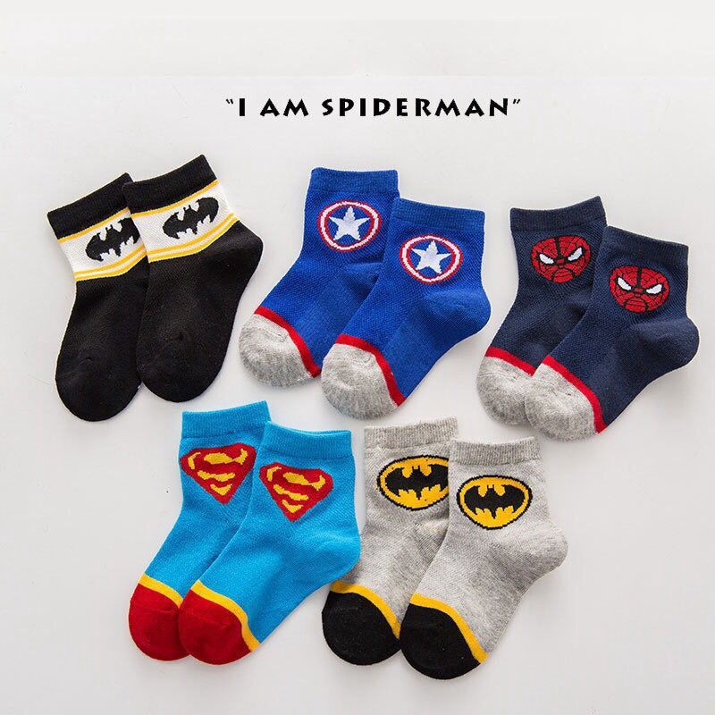 ภาพหน้าปกสินค้าถุงเท้าผ้าฝ้ายระบายอากาศพิมพ์ลาย superman batman สําหรับเด็ก 1 คู่