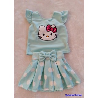 Ploy : Set เสื้อ+กระโปรง ปักลายคิตตี้ สีเขียวมินท์  size L (6-8y)