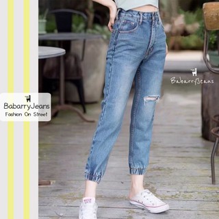 BabarryJeans ยีนสืทรงบอยเฟรน วินเทจ เอวสูง ขาดเข่า ปลายขาจั๊ม ผ้ายีนส์ไม่ยืด สียีนส์ฟอก