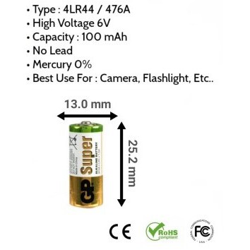 ถ่านอัลคาไลน์-gp-476a-4lr44-6v-แพค-1-ก้อน-ออกใบกำกับภาษีได้-batterymania