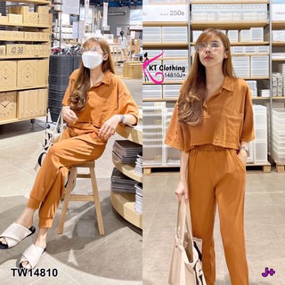 TW14810 Set 2 ชิ้น เสื้อคอปก ทรงครอป แขนสั้น มีกระเป๋าหน้า + กางเกงขายาว เอวสม็อกทั้งตัว จั๊มปลายขา มีกระเป๋าข้าง