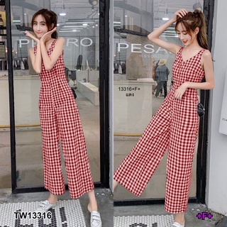 TW13316 Jumpsuit จั้มสูทแขนกุด ขายาวผ้าทอลายสก็อตขากระบอก มีกระเป๋าล้วง มีซิปหลัง