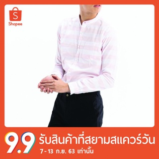 erawon Shop 1717QP เสื้อเชิ้ตผู้ชายแขนยาว อ็อกส์ฟอร์ด คอจีน GRAPH CHECKED MANDARIN COLLAR ทรง Regular fit สี Aqua Pink