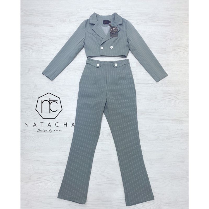 natacha-set-เสื้อเบลเซอร์สั้นแขนยาว-กางเกงขายาว-ลายทาง