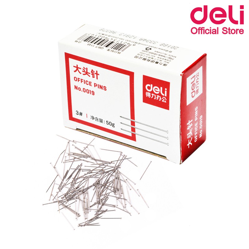 deli-0019-office-pin-50g-เข็มเย็บกระดาษ-เข็มทำกระทง-ขนาด-50-กรัม-แพ็ค10กล่อง-เข็มทำกระทง-หมุดทำกระทง-หมุดเสียบกระดาษ