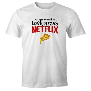 ROUNDคอลูกเรือNeckเสื้อยืด พิมพ์ลาย All You Need Is Love Pizza And Netflix Slogan สําหรับผู้ชาย-4XL