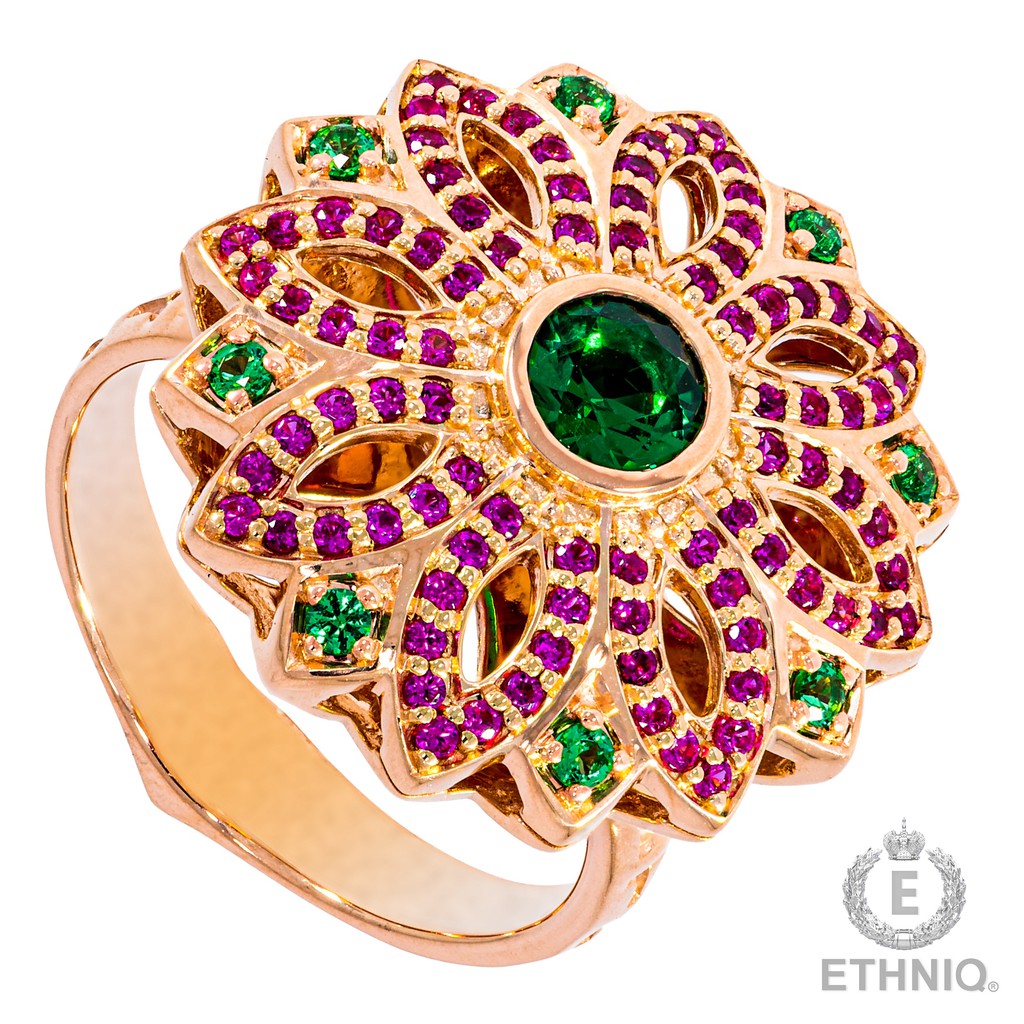 แหวนแฟชั่น-ethniq-ฝังพลอยนาโนนำเข้า-สีเขียวมรกต-แดงทับทิม-ชุบ-pink-gold