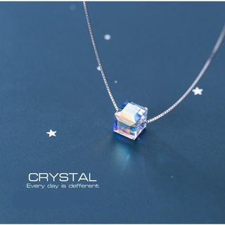 s925 Square crystal necklace สร้อยคอเงินแท้ คริสตัลใส รูปทรงสี่เหลี่ยมลูกบาศก์ ใส่สบาย เป็นมิตรกับผิว