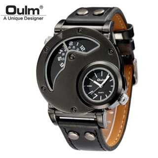 Oulm Watch Two Time Zone Man Quartz Watches Brand Luxury Leather Strap Sport