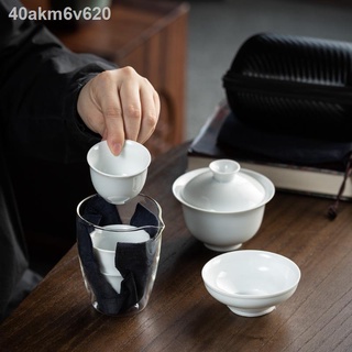 Travel tea set▲✙☬Dehua สีขาว Porcelain ชุดน้ำชาเดินทางกลางแจ้งแบบพกพาแก้วถ้วยชามขนาดเล็กสามถ้วยโลโก้การปรับแต่ง