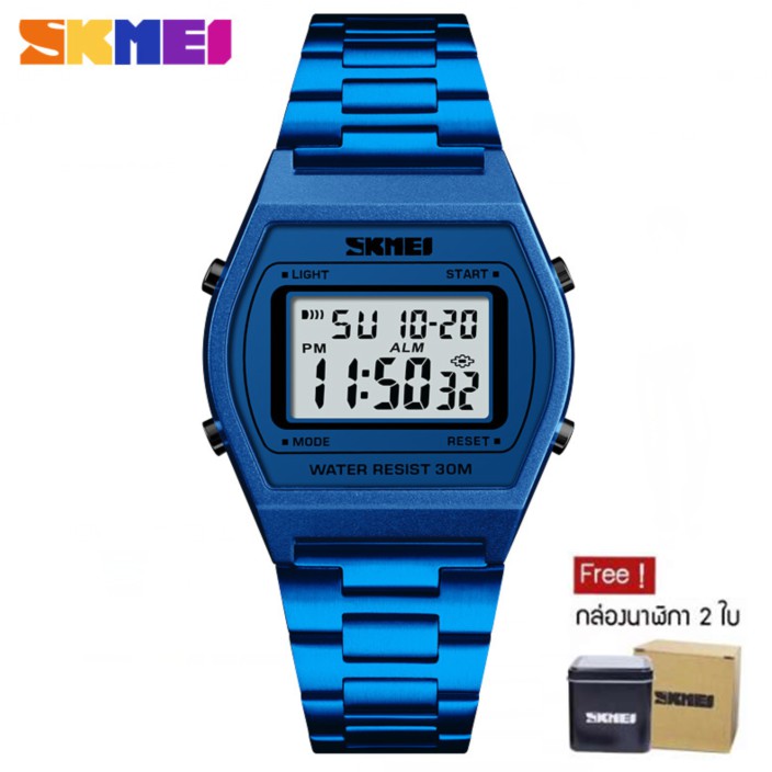 skmei-1328-ของแท้-100-ส่งในไทยไวแน่นอน-นาฬิกาข้อมือผู้หญิง-สไตล์-จับเวลา-ตั้งปลุกได้-ไฟ-led-ส่องสว่าง-สายแสตนเลส-blue