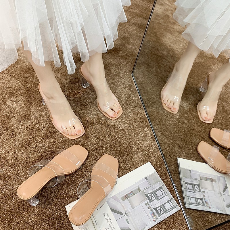 ภาพหน้าปกสินค้ารองเท้าส้นสูง ส้นเข็มส้นสีใส เปิดเท้าสูง2นิ้ว KD01