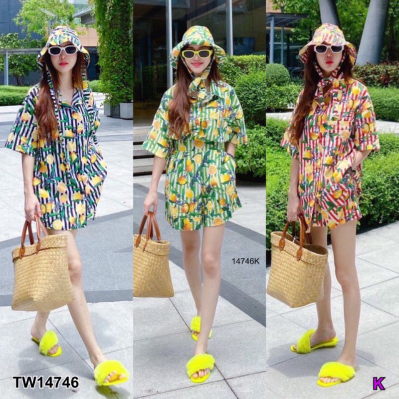 ชุดเซ็ท-เสื้อเชิ้ต-แขนสั้น-กางเกงขาสั้น-หมวก-ลายส้ม-สีดำ-เขียว-แดง-cl5-422-tw14746