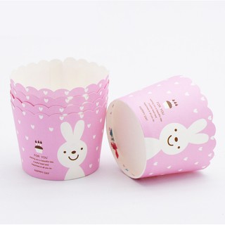 ถ้วยกระดาษปาเนตโทน สำหรับอบขนม คัพเค้ก มัฟฟิน เบเกอร์รี่ ลายกระต่ายสีชมพู จำนวน 50 ถ้วย (Bakery-0147)