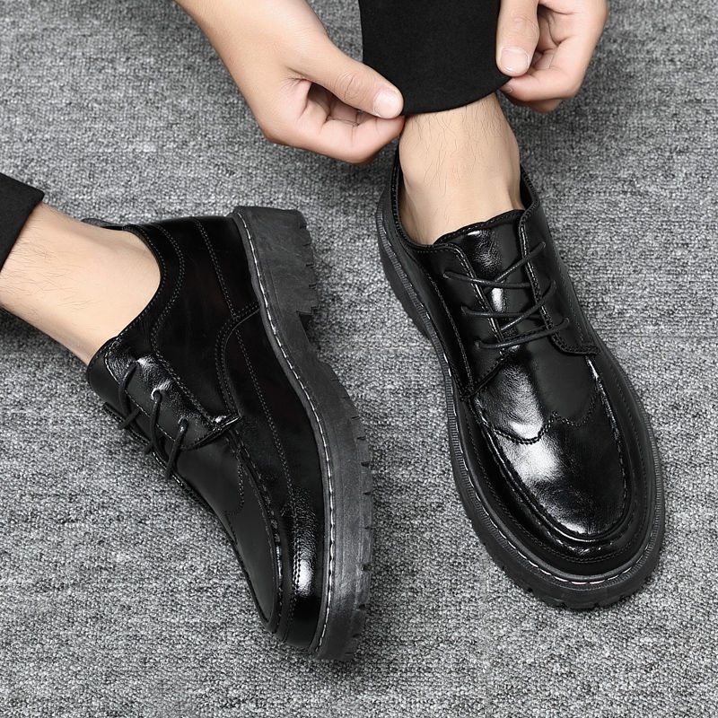 พร้อมส่ง-new-mens-shoes-small-leather-shoes-black-all-match-mens-waterproof-workwear-ankle-boots