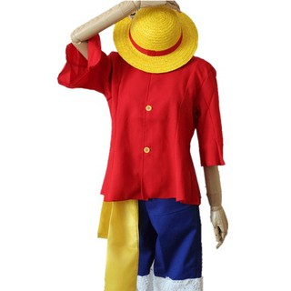 สินค้า cp215.1 ชุด+หมวก ชุดคอสเพลย์ลูฟี่ one piece เสื้อแขนกระดิ่ง กางเกงสียีนส์ พร้อมหมวกฟางเข้าชุด ชุดวันพีช