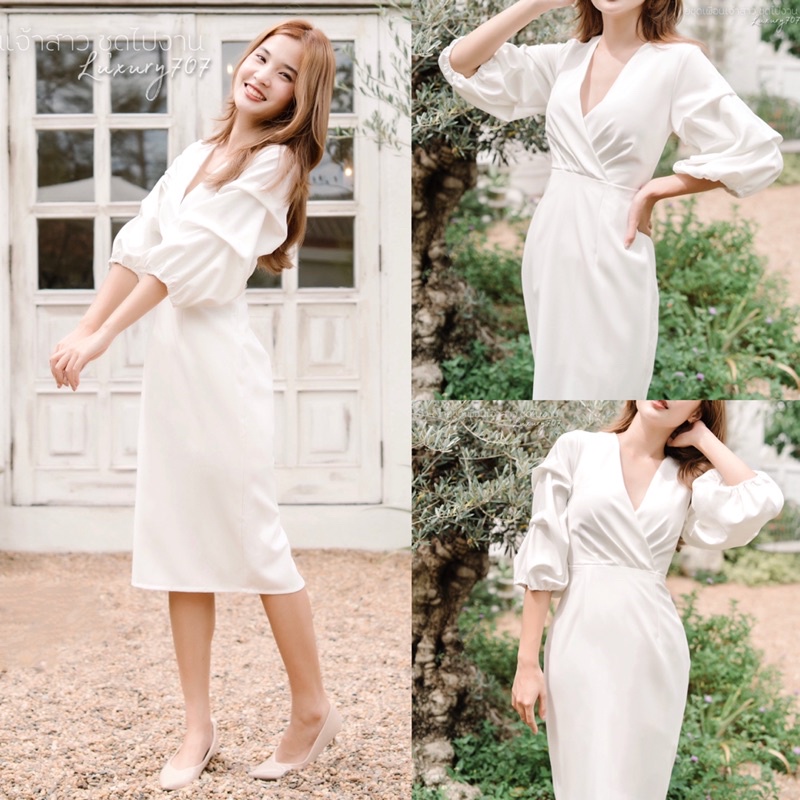 LX4105 เดรสคอวีแขนพอง เนื้อผ้าเกาหลีหรู ใส่ไปงานแต่ง-ออกงาน ไซส์ S-3XL
