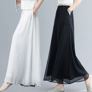 💞Hot sale💞[กระเป๋า] กางเกงขากว้างผ้าชีฟองสองชั้นเอวยางยืดบางสีขาวสีดำเอวสูงผ้าม่านกางเกงทรงหลวมสง่างาม