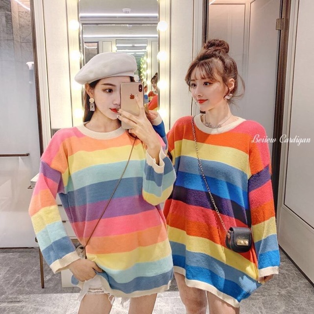 เสื้อไหมพรมแขนยาวสีรุ้งเรนโบว์-ทรงoversize