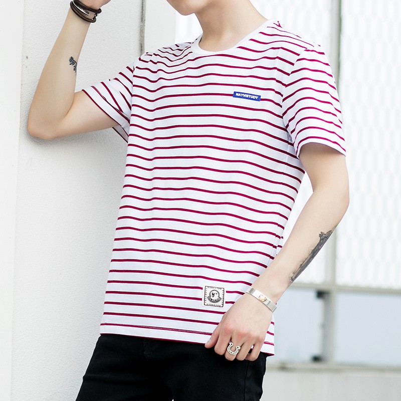ผู้ชายแขนสั้นtเสื้อรอบคอลายชายน้ำ2021ฤดูร้อนใหม่ผ้าฝ้ายเกาหลีเสื้อผ้าฤดูร้อนนักเรียน