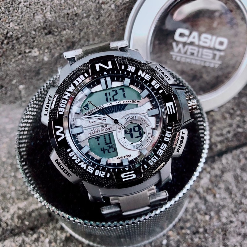 นาฬิกาข้อมือแฟชั่น-สองระบบ-สายสแตนเลส-บอกวันที่-เดือน-ปี-ตั้งปลุก-จับเวลาได้-แถมกล่องคาสิโอฟรี