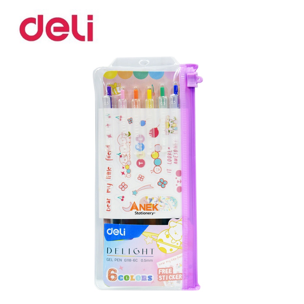 ปากกา-ชุดปากกาเจลสี-6สี-deli-delight-รุ่น-g118-6c-มีแถมสติ๊กเกอร์-จำนวน-1-ชุด