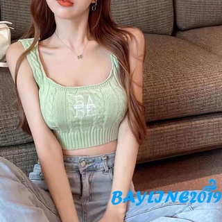 Bay- เสื้อกล้ามถักโครเชต์ ปักลายตัวอักษร คอยู เข้ารูป สีเขียว / ขาว / กุหลาบแดง / ดํา สําหรับผู้หญิง