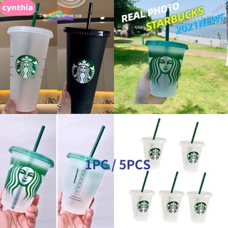 --Ins Style--Starbucks ถ้วยแก้วใสมีหลอดดูดมีหลอดดูดสีเขียวขนาด 473มล. สําหรับเด็ก (สีใส/สีเขียว)