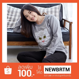 เสื้อแขนยาว Sweater ปัก ลายแมว ผ้านุ่ม COTTON 100%