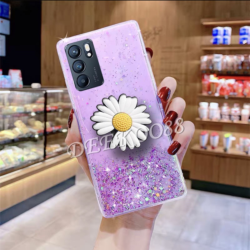 2021-new-เคส-oppo-reno6-z-reno5-pro-marvel-edition-reno4-pro-z-4g-5g-handphone-casing-fashion-bling-glitter-star-transparent-phone-case-with-daisy-folding-stand-holder-back-cover-เคสโทรศัพท์-reno-6z-5