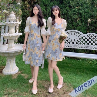 สินค้า Korean 💙ชุดเดรส 💙ดอกไม้สีเหลือง แขนพองแนวสาวเกาหลี เดรสกระโปรงสั้น-ยาว ผ้านิ่ม 46-47