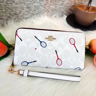 🎀 (สด-ผ่อน) กระเป๋าสตางค์ซิปรอบ ขาวซีลายแรคเก็ต COACH C8385 LONG ZIP AROUND WALLET IN SIGNATURE CANVAS WITH RACQUET