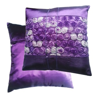 A28 - Thai Silk Pillow Covers ปลอกหมอนอิง ไหมไทยลายดอกกุหลาบ 16×16 นิ้ว 1 คู่ สีม่วง