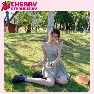 cherry strawberry ชุดกระโปรงสั้นสตรี เดรสสายเดี่ยวเเฟชั่นลายดอกไม้ เดรสกระโปรงสั้นมินิสายเดี่ยว ใส่เที่ยว ใส่ถ่ายรูป